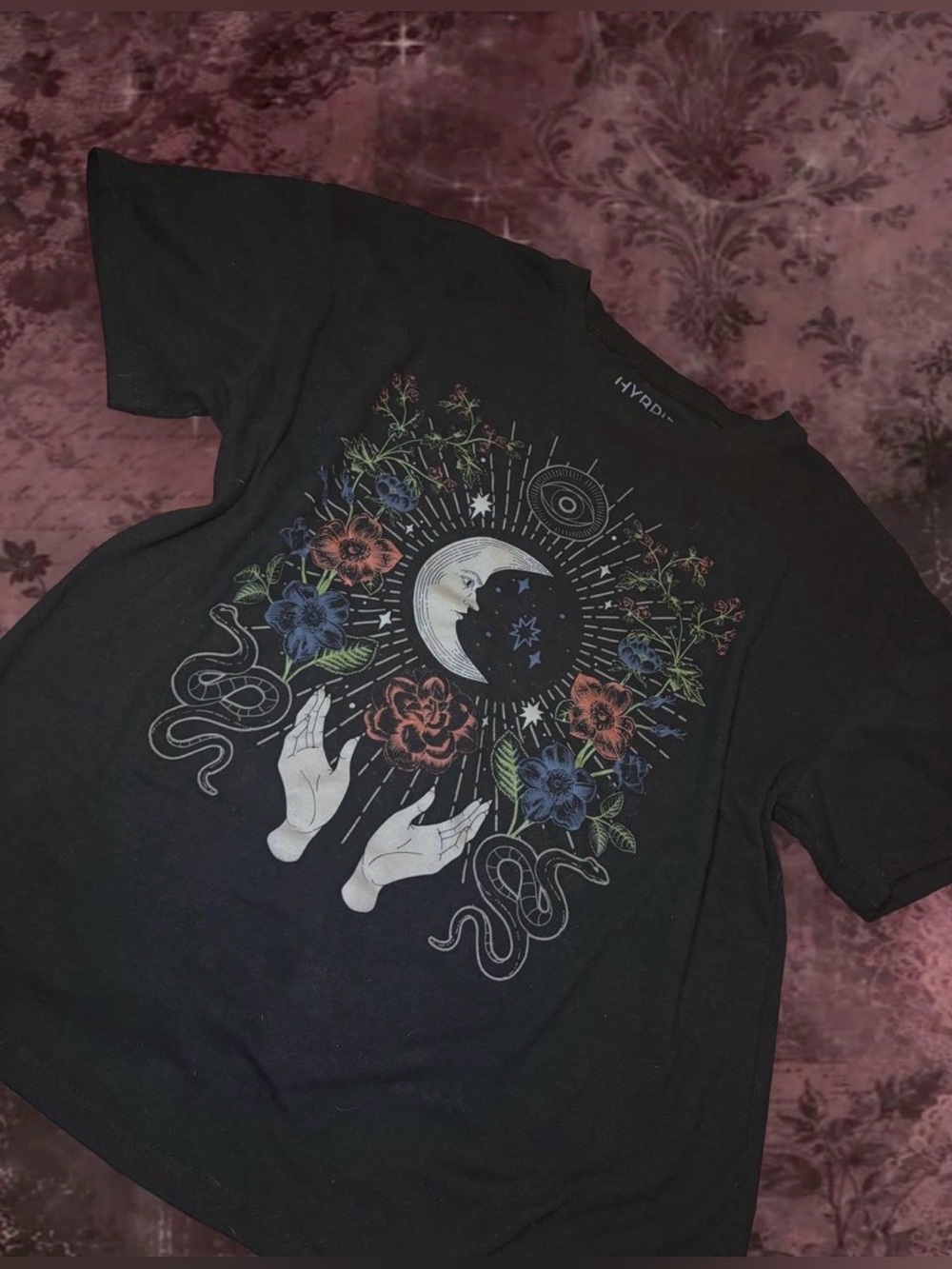 Black Mystic Moon Floral Graphic Tee with Colorful Accents